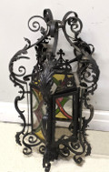 OLD FRENCH GOTHIC IRON AND STAINED GLASS LANTERN